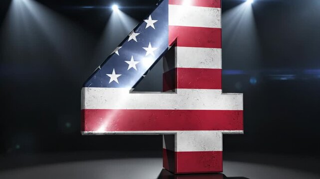 Large three dimensional number four with American flag pattern on a stage with spotlights for Independence Day.