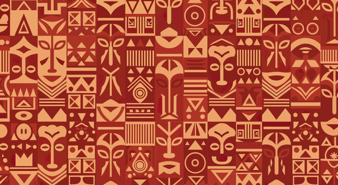 A mosaic of stylized tribal masks and geometric patterns in earthy tones