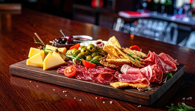 Elegant charcuterie board featuring assorted cured meats, cheeses, olives, and crackers on a rustic wooden surface