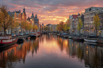 Fototapeta premium Sunset over canal with boats and historic buildings reflecting on water in autumn cityscape