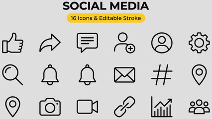 Fototapeta premium Collection of modern minimalist social media icons representing communication engagement and sharing features for digital platforms