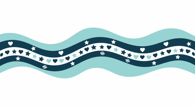Wavy decorative border with repeating hearts and stars in shades of blue and teal