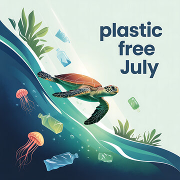 Plastic free July poster with sea turtle swimming among ocean waste highlighting marine pollution awareness campaign