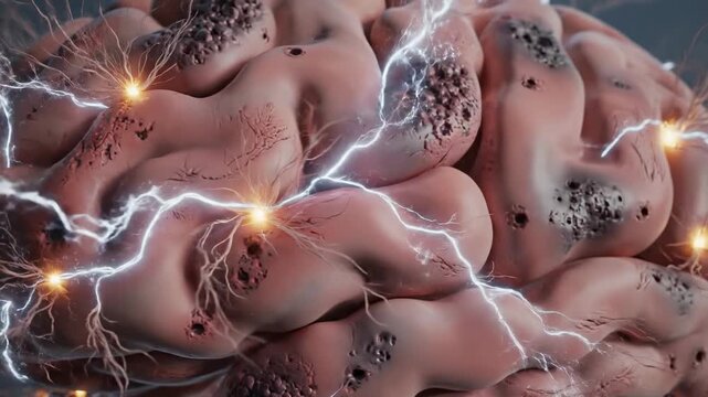 Human brain with electrical impulses representing neurological activity and medical conditions like epilepsy or dementia.