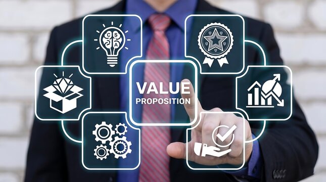 Businessman using virtual interface sees inscription: VALUE PROPOSITION. Concept of value proposition in futuristic virtual style.  value, satisfaction, client, proposition