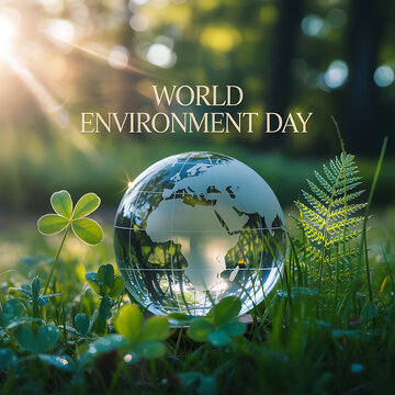 World environment day concept with glass globe in green forest surrounded by leaves sunlight and natural elements symbolizing sustainability and environmental protection