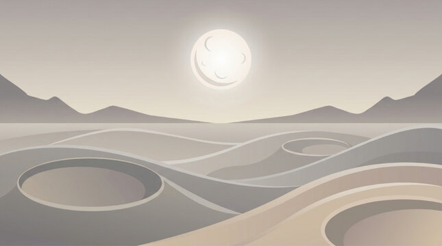 Minimalist vector illustration of a moonlit alien landscape with craters