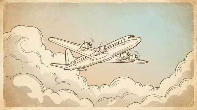 Vintage style illustration of a propeller airplane flying through clouds