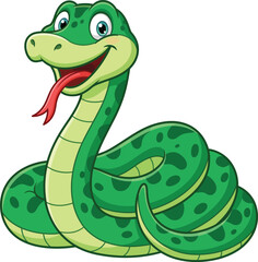 Naklejka premium Friendly green snake cartoon character, happy coiled serpent vector, cute reptile mascot illustration