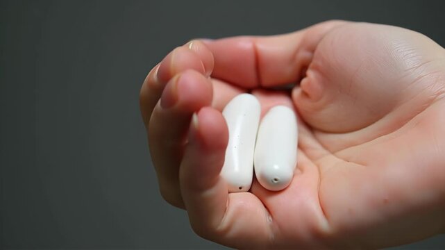 Hand holds two white pills against dark background. Patient displays medication dosage. Medication administration, pharmacy care. Concept of health and wellness.