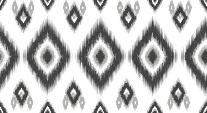Repeat pattern of ikat diamonds in shades of grey and black on a white background