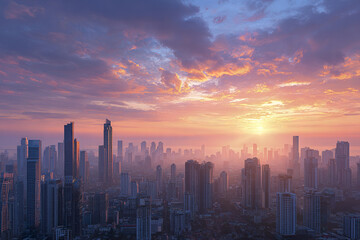 Fototapeta premium Sunrise skyline panorama with modern skyscraper buildings under colorful cloudy sky creating peaceful and inspiring urban atmosphere in city