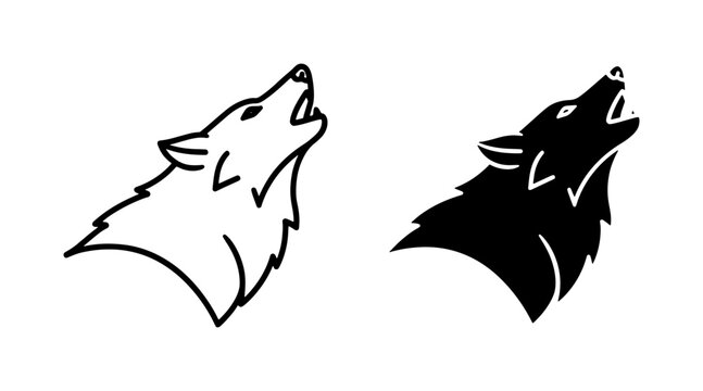 Howling Wolf Vector Icons, Wild Animal Silhouette Graphics, Canine Spirit Symbol, Nature Wildlife Art, Black and White Outline Illustrations