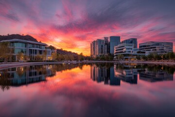 Fototapeta premium Modern buildings reflected in a calm pond under a vibrant orange sunset sky