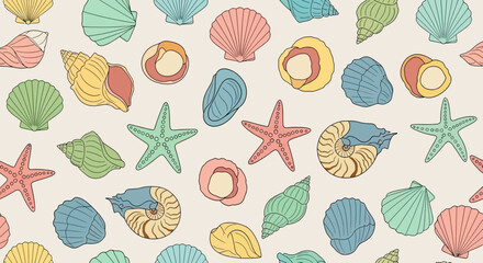 A whimsical repeating pattern of colorful seashells and starfish © Sendal