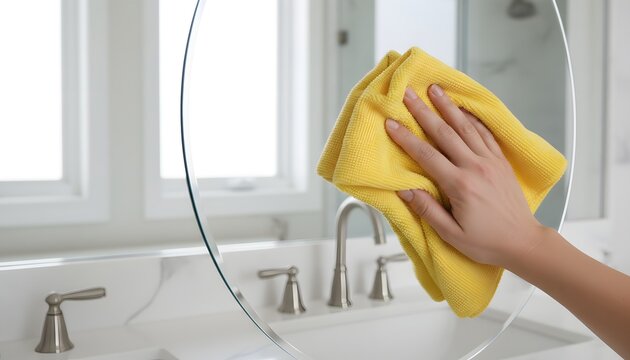Hand of a woman wiping a bathroom mirror with a yellow microfiber cloth for a cleanliness and household maintenance concept, bright and airy domestic setting
