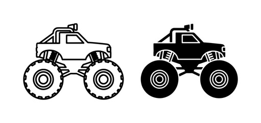 Monster Truck Icons, Black and White Vector Graphics. Off-road Vehicle Silhouettes for Extreme Sports and Automotive Themes. © Helal