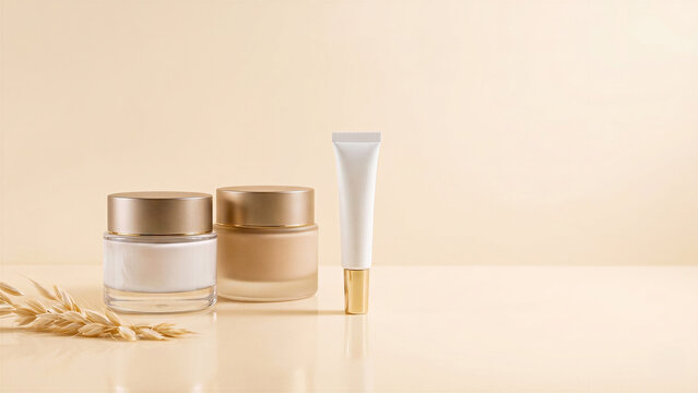 Oat skincare banner for sensitive skin with oat-based day, night and eye cream for barrier support in elegant neutral packaging. Great for beauty ads, web banners, spa branding and product promos.