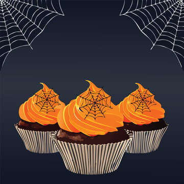 Halloween cupcakes with spider web decorations against a dark background