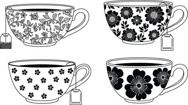 Set of decorative tea cups with floral patterns line art vintage style teacup collection vector illustration