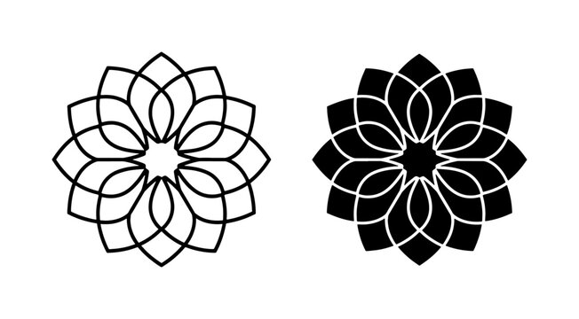 Geometric Floral Mandala Vector Icons, Intricate Bloom Patterns, Sacred Geometry Art, Decorative Ornate Designs, Black and White Symmetry