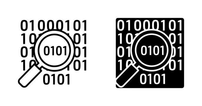 Binary Code Magnified, Digital Data Search, Technology Analysis Icons