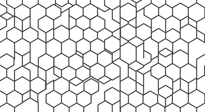 Black geometric hexagons and lines create an abstract, tessellated pattern