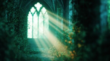 Naklejka premium Sunlight enters through stained glass windows in an old stone building