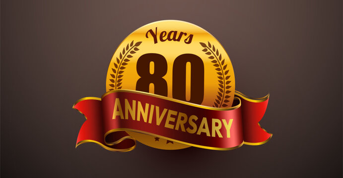 Golden 80 Years Anniversary emblem with a red ribbon. A classic design for celebrating five years of success. Vector illustration.