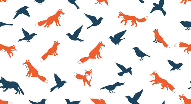 Orange foxes and blue birds form a repeating pattern on a white background