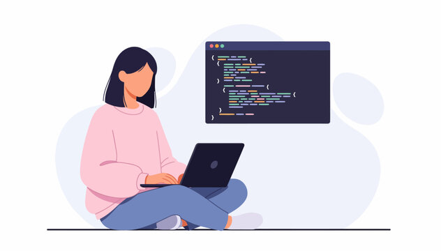 Person coding at home, seated comfortably, screen shows colorful syntax