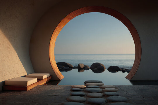 Zen coastal design round portal window calm sea smooth stone path minimalistic outdoor seating tranquil atmosphere