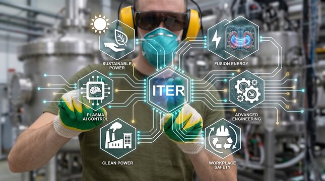 Engineer using virtual touch screen presses the word ITER. Concept of ITER International Thermonuclear Experimental Reactor Tokamak Industry Science Technology Research thermonuclear