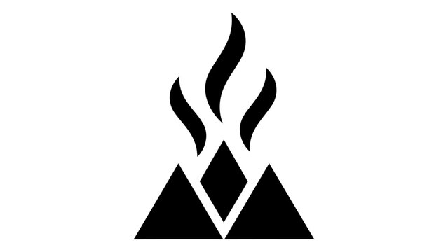 Minimalist mountain and flame logo icon, abstract campfire symbol, vector illustration of mountain peaks with rising smo