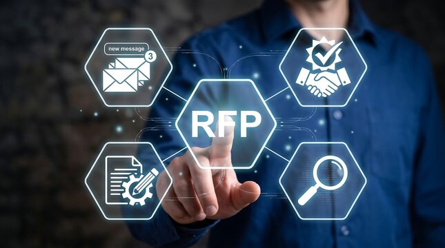 Man using virtual touch interface presses abbreviation: RFP. Request For Proposal ( RFP ) Business Finance Education Concept. 