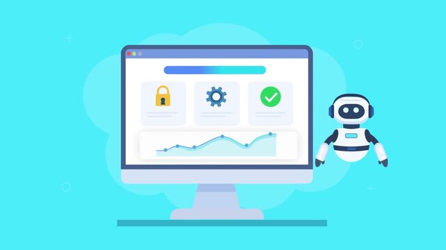 Friendly robot assistant managing secure automated data dashboard with analytics charts, lock icon, and progress indicators in smooth animation, representing safe technology and efficient workflow.