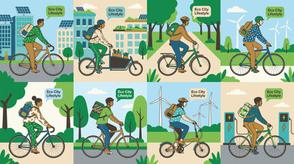 Naklejka premium People Riding Bicycles in Urban Park Scene.
