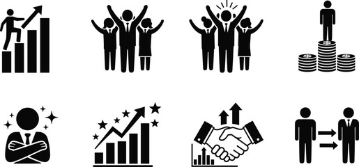 Obraz premium Business success icons, teamwork silhouettes, leadership symbols, financial growth, career advancement, partnership handshake, professional achievement, black and white illustration