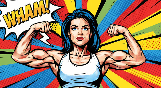 A muscular woman flexing her arms with a WHAM! speech bubble, in a comic style