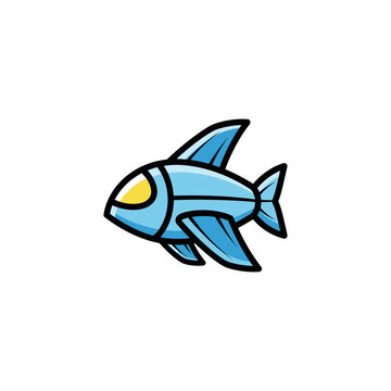 Cartoon blue fish with fins swimming.