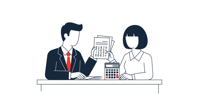 Businessman and Businesswoman Calculating Expenses with Calculator at Kitchen Table &ndash; Minimalist Flat Vector Illustration in Five-Color Palette