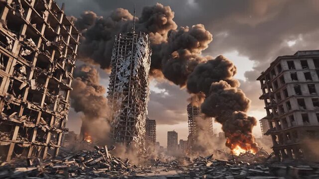 Dramatic scene of a devastated city with destroyed buildings and smoke rising from an urban war zone.