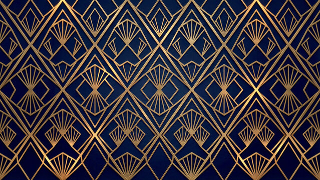 Art Deco Gold and Navy Blue Geometric Fan Pattern Seamless Background