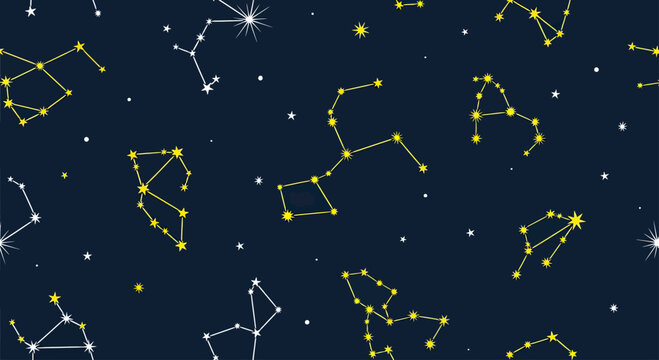 A seamless pattern of constellations depicted with yellow and white stars on a dark blue background