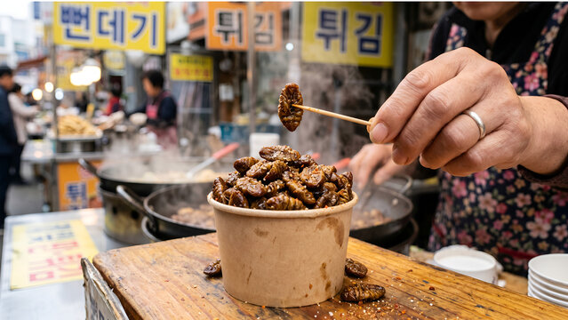 Fried silkworm pupae (Beondegi in Korea) &ndash; small brown insect pupae, deep-fried or steamed, sold as street food, nutty and savory flavor.