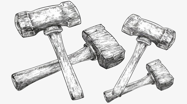 Four wooden mallets, sketched in grayscale with detailed textures, on a white background