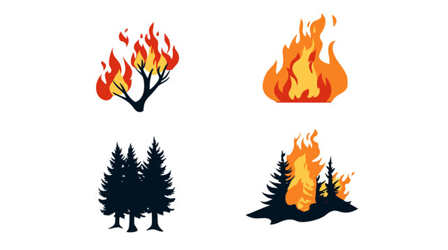 A collection of stylized illustrations showing fire and trees against a white background