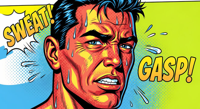 An illustrated comic book-style image of a man sweating with a look of exhaustion. The words Sweat! and Gasp! are displayed on the image