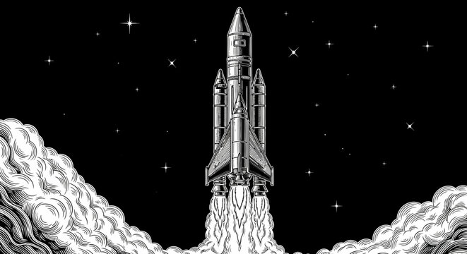 Space shuttle launch illustration against stellar sky with dramatic vapor trails