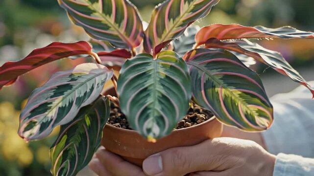 Close up of hands holding a small potted prayer plant in a lush garden nursery setting.